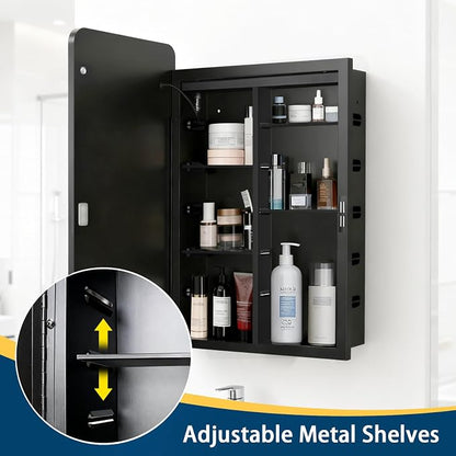 LED Medicine Cabinet with Mirror 22x30 inch, Lighted Cabinet Mirror for Bathroom Storage, Anti-Fog, 3 Colors Dimmable, Black Metal Frame with Adjustable Shelves, Wall Mount or Recessed