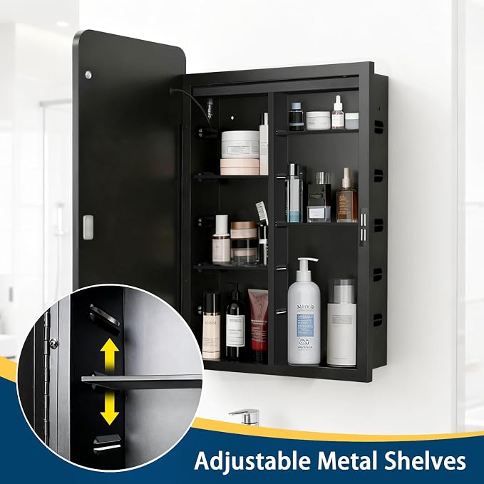 LED Medicine Cabinet with Mirror 20x26 inch, Lighted Cabinet Mirror for Bathroom Storage, Anti-Fog, 3 Colors Dimmable, Black Metal Frame with Adjustable Shelves, Wall Mount or Recessed