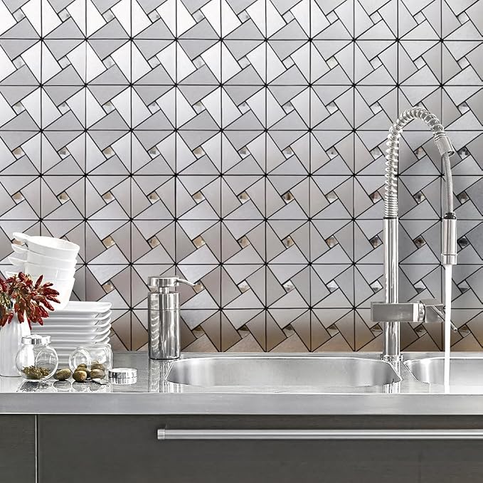 DICOFUN 10-Sheet Peel and Stick Backsplash Metal Tile, Mixed Glass Self-Adhesive Mosaic Tiles, Stainless Steel Stick on Wall Tiles for Kitchen and Bathroom Backspalsh, Mirror Décor