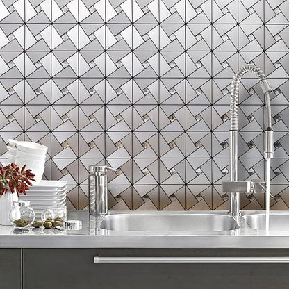 DICOFUN 10-Sheet Peel and Stick Backsplash Metal Tile, Mixed Glass Self-Adhesive Mosaic Tiles, Stainless Steel Stick on Wall Tiles for Kitchen and Bathroom Backspalsh, Mirror Décor