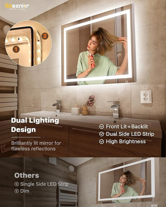 Ensenior LED Bathroom Mirror 40"x 32" with Front and Backlight, Stepless Dimmable Wall Mirrors with Anti-Fog, Shatter-Proof, Memory, 3 Colors, Modern LED Vanity Mirror-ETL & FCC