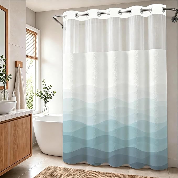 Modern Luxury Striped No Hook Shower Curtain Ocean Abstract Aesthetic | Funky No Hook Shower Curtain with Snap in Liner, Waterproof Ringless Shower Curtains for Bathroom 72x74 Inch Blue