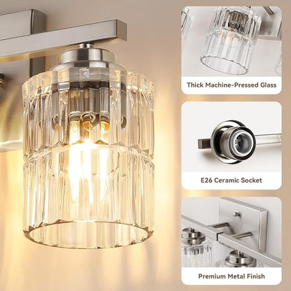 TALOYA Nickel 4Light Bathroom Vanity Light with Fluted Cylinder Glass Shade | Modern Vanity Lighting Fixtures, Bathroom Lights Over Mirror, Wall Mount Mirror Light Fixtures for Bathroom Hallway Bedroom