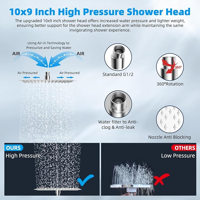 Hibbent 10" Dual Filtered Shower Head Combo, 10-spray Handheld, Chrome | All Metal High Pressure Rainfall Shower Head Combo with Filter, 16" Extension Arm, 3-way Diverter, 71" Hose & Shower Holder
