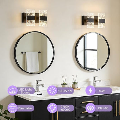 Matte Black Modern LED Bathroom 2-Light Vanity Light Over Mirror | 5CCT Adjustable Lighting, Smoked Acrylic LED Vanity Lights, Wall Sconces for Bathroom, Dimmable 6000K