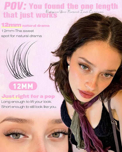 Natural Lash Clusters Only 12mm Cluster Eyelash Extensions Short Wispy Eyelash Clusters Velure Lashes Clusters with Clear Thin Band Soft Ultra-Light C Curl Individual Lashes for Clean Makeup