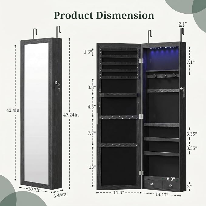 Jewelry Armoire, 47.2" Tall Lockable Jewelry Organizers and Storage Cabinet with Full-Length Mirror, 6 LEDs Mirror Jewelry Cabinet, Wall or Door Mounted Jewelry Storage for Women Bedroom, Gift Idea