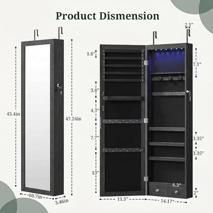 Jewelry Armoire, 47.2" Tall Lockable Jewelry Organizers and Storage Cabinet with Full-Length Mirror, 6 LEDs Mirror Jewelry Cabinet, Wall or Door Mounted Jewelry Storage for Women Bedroom, Gift Idea