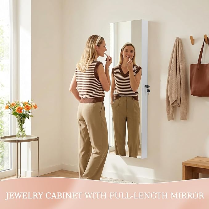 Unisakey Lockable Mirror Jewelry Cabinet LED Lights Wall Mount White | Door or Wall Mount Flexible,Drawers Cosmetic Trays Shelves Inside,Built-in Full-Length Mirror,Dimensions 14.4"×3.15"×43.1"