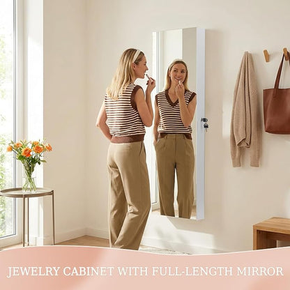 Unisakey Lockable Mirror Jewelry Cabinet LED Lights Wall Mount White | Door or Wall Mount Flexible,Drawers Cosmetic Trays Shelves Inside,Built-in Full-Length Mirror,Dimensions 14.4"×3.15"×43.1"