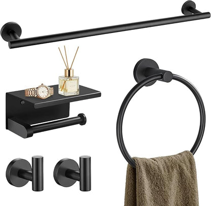 TURS Matte Black 5-Piece Bathroom Hardware Set Towel Bar Set SUS304 Stainless Steel Towel Racks for Bathroom Wall Mounted, 23.6-Inch