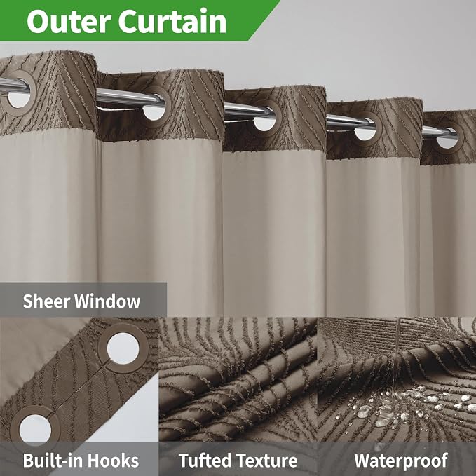 eachope no Hook Shower Curtain and Fabric Liner Set，Thanksgiving Autumn Shower Curtain, Boho Tufted Striped Style with See Through Top Window, Brown, 71Wx74H