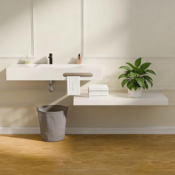 Wall-Mounted Resin Stone 48" Bathroom Sink, Seamless Integrated Vessel Sink with Sloped Design & Open Storage Shelf, Modern Floating Vanity for Bathrooms & Outdoor Spaces