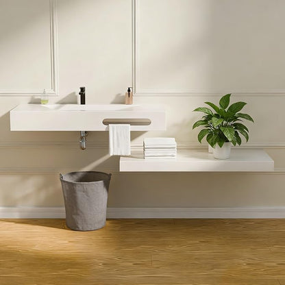 Wall-Mounted Resin Stone 48" Bathroom Sink, Seamless Integrated Vessel Sink with Sloped Design & Open Storage Shelf, Modern Floating Vanity for Bathrooms & Outdoor Spaces