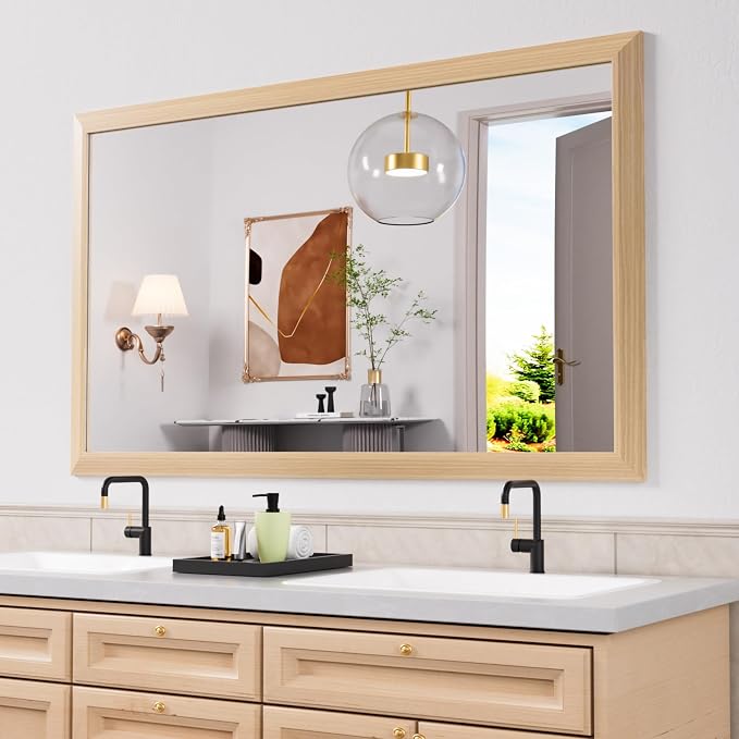 Bathroom Mirror, 60" X36" (Oak Wood Grain) | Metal Frame Mirror for Wall, HD Reflection, Anti-Rust, Horizontally/Vertically, Suitable for Bathroom, Farmhouse, Entryway