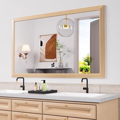 Bathroom Mirror, 60" X36" (Oak Wood Grain) | Metal Frame Mirror for Wall, HD Reflection, Anti-Rust, Horizontally/Vertically, Suitable for Bathroom, Farmhouse, Entryway