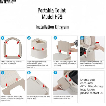 Portable toilet seat with armrests, with lid, with tissue holder, with seat function, robust, easy to clean, no power connection required, suitable for indoor and outdoor use (Khaki)