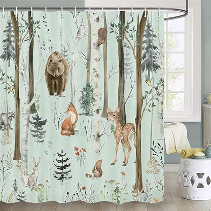 JAWO Rustic Forest Shower Curtains, Lodge Cabin Woodsy RV Shower Curtain, Wildlife Animals Woodland Campers Camping Bathroom Set with Hooks, 72X78 Inch, Teal