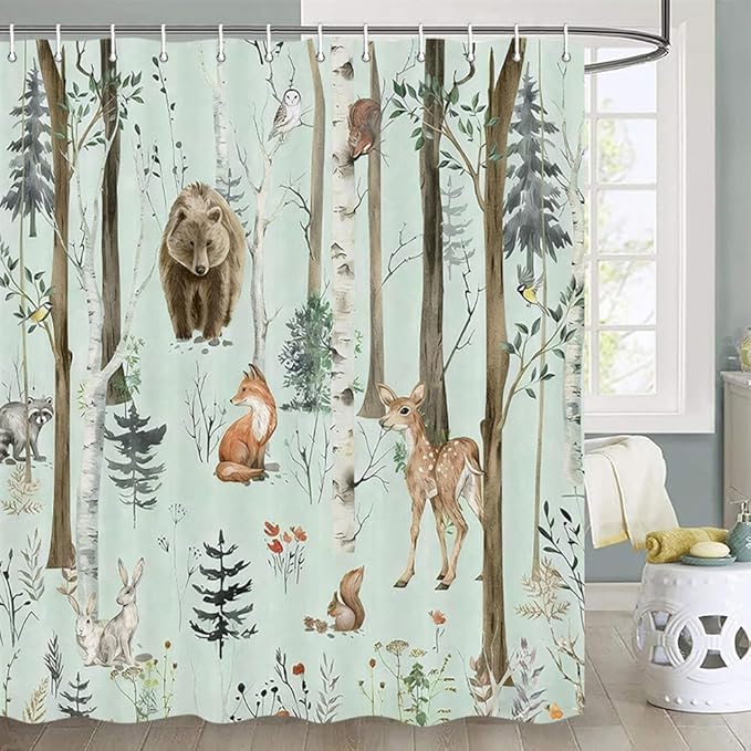 JAWO Rustic Forest Shower Curtains, Lodge Cabin Woodsy RV Shower Curtain, Wildlife Animals Woodland Campers Camping Bathroom Set with Hooks, 60X70 Inch, Teal