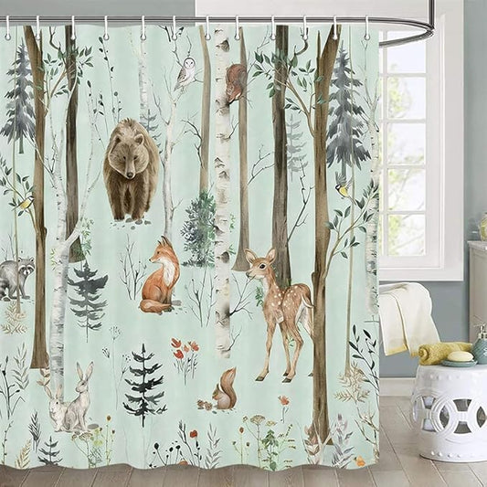 JAWO Rustic Forest Shower Curtain for Bathroom, Country Hunting Bear Deer Wild Animals Farmhouse Lodge Curtain, Cabin Nature Bathroom Set with Hooks, 70X70 Inch, Teal