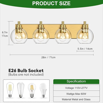 IZORRO Bathroom Light Fixtures, 4-Light Brushed Gold Vanity Light, Modern Wall Sconces with Globe Clear Glass Shade, Vanity Lighting Fixtures Over Mirror,E26 Bulb Socket