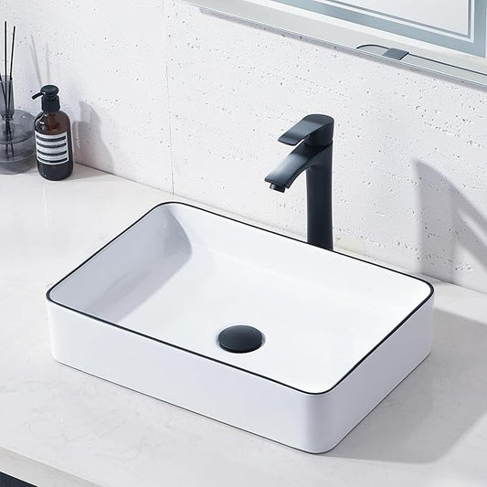 20 Inch Rectangular Bathroom Vessel Sink,20x14 Inch Bathroom Sink White Background with Black Rim Vessel Sink Small Bathroom Sink Above Counter Porcelain Vessel Sink Lavatory Vanity Sink Basin