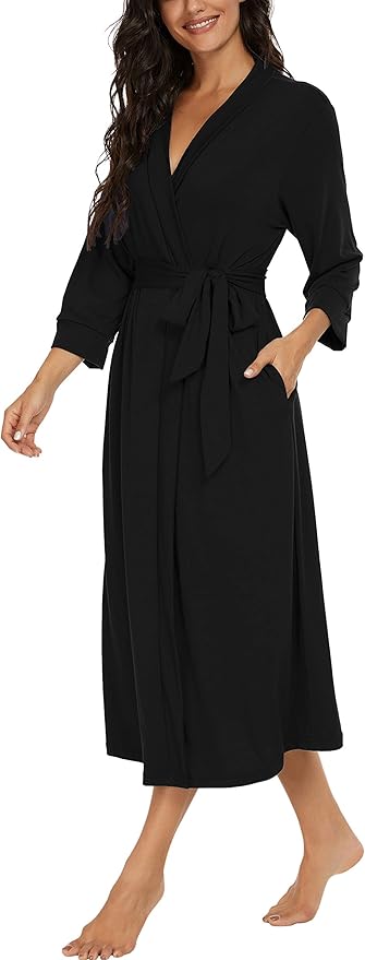 VINTATRE Women Kimono Robes Long Knit Bathrobe Lightweight Soft Knit Sleepwear V-neck Casual Ladies Loungewear