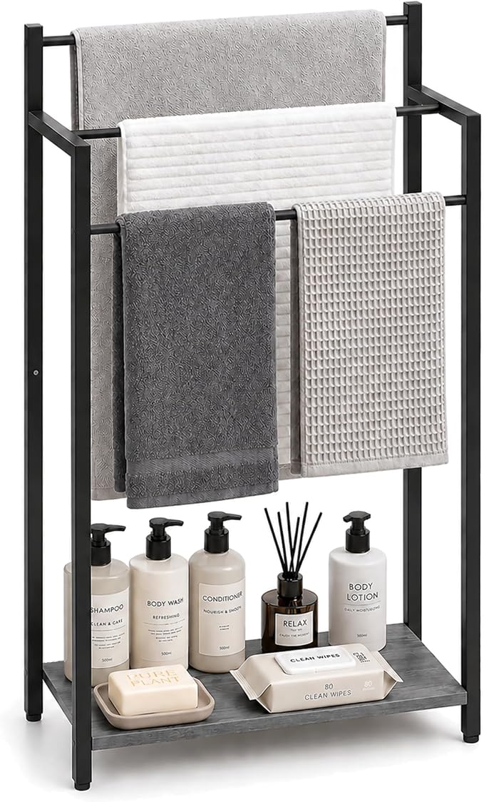 16.9" W Freestanding Towel Rack with Oak Grey Wood Shelf | 3 Tier Blanket Ladder Stand for Bathroom Living Room, Metal Frame,31.5"H x 16.9"W x7.9"D