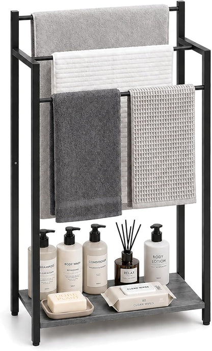 16.9" W Freestanding Towel Rack with Oak Grey Wood Shelf | 3 Tier Blanket Ladder Stand for Bathroom Living Room, Metal Frame,31.5"H x 16.9"W x7.9"D