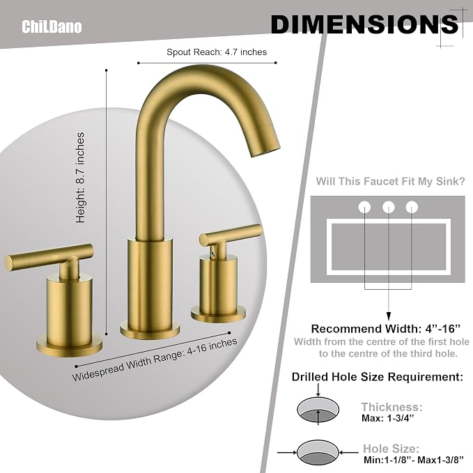 Brushed Brass Bathroom Faucet 3 Hole with Pop Up Drain with Over Flow and Supply Hose, Stainless Steel 8 in Widespread Gold Bathroom Sink Faucet, ChiLDano 2 Handle Gold Bathroom Faucet CH2183BBG