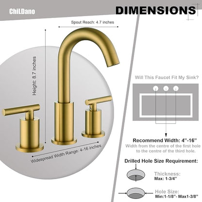Brushed Brass Bathroom Faucet 3 Hole with Pop Up Drain with Over Flow and Supply Hose, Stainless Steel 8 in Widespread Gold Bathroom Sink Faucet, ChiLDano 2 Handle Gold Bathroom Faucet CH2183BBG