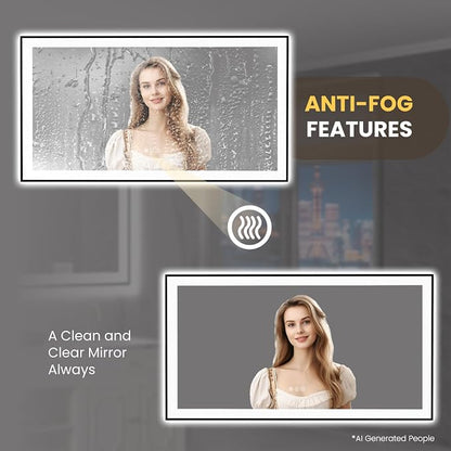LOAAO 55"X30" LED Bathroom Mirror Black Framed | Anti-Fog, Dimmable, Memory Function, Tempered Glass, Lighted Vanity Mirror for Wall