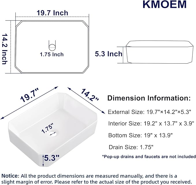 Vessel Sink 20"x14" Rectangular Bathroom Sink Modern White Porcelain Ceramic Above Counter Drop-in Vanity Sink for Bathrooms Art Basin