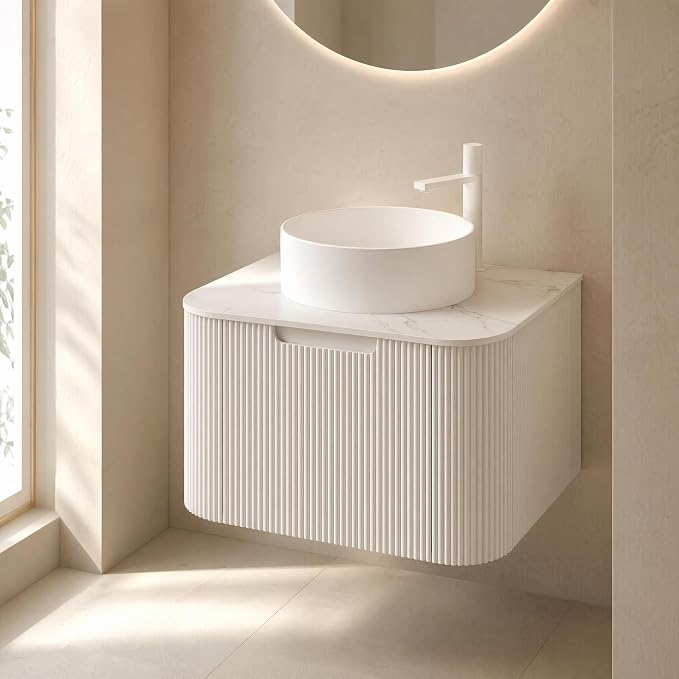 24 Inch Bathroom Vanity with Sink, Floating Wall Mounted Single Sink Vanity for Small Baths, White Curved Fluted Front, Stone Top, Pure White Round Vessel Basin, Pre-Assembled
