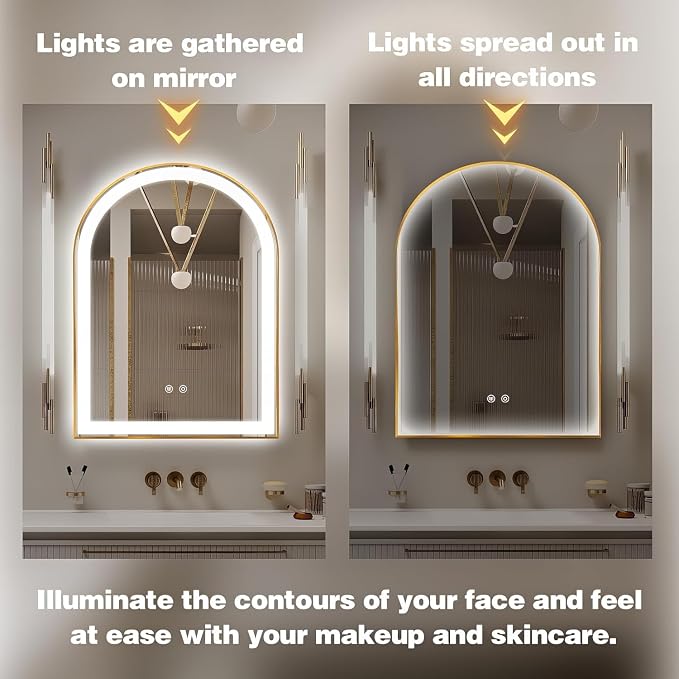Arched LED Bathroom Mirror, 48"x24" Arch Backlit Vanity Mirror with Lights, Frontlit, Dimmable, 3 Colors, Memory Function, Anti-Fog Smart Mirror, Gold Frame, Shatterproof, UL Listed