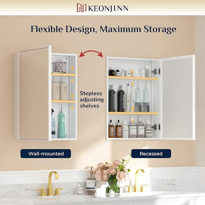 Keonjinn 16" x 24" Bathroom Medicine Cabinet with Mirror, White, Assembled | Aluminum Framed, Adjustable Shelves, Recessed or Surface Wall-Mounted, Metal Bathroom Vanity Mirror with Storage Cabinet