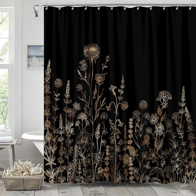 Vintage Black and Gold Boho Shower Curtain, Black and Tan Cream Floral Aesthetic Dark Wildflower Botanical Flowers Shower Curtain for Bathroom with Hook,Farmhouse Plant Art Chic Shower Curtain 72X72