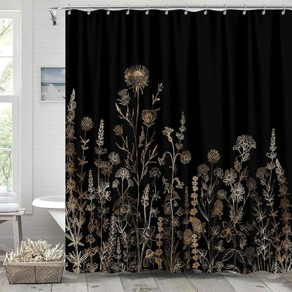 Vintage Black and Gold Boho Shower Curtain, Black and Tan Cream Floral Aesthetic Dark Wildflower Botanical Flowers Shower Curtain for Bathroom with Hook,Farmhouse Plant Art Chic Shower Curtain 72X84