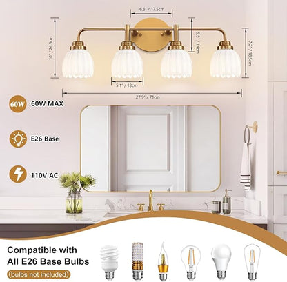 maesta Gold Broom Light Fixture,4 Light Vintage Vanity Light Over Mirror | Vintage Vanity Light, Brushed Gold Metal & Milk White Glass Shades, Anti-Rust, Easy to Install for Bathroom Hallway Bedroom