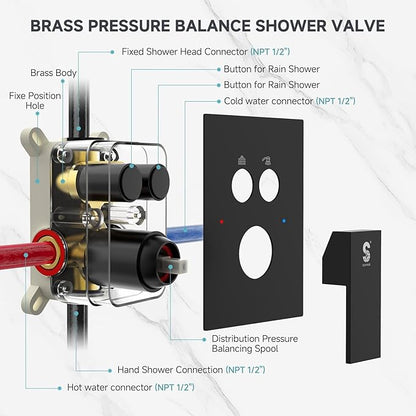 SR SUN RISE Shower System with Push Button Diverter, Wall Mounting Luxury 10 Inch Rain Shower Head with Handheld Spray, High Pressure Shower Faucet Combo Set with Rough-in Valve, Matte Black