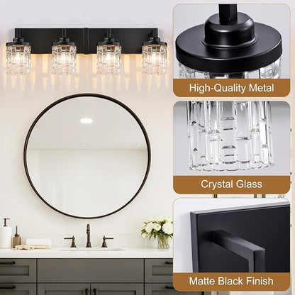 maesta Black Bathroom Light Fixture,4 Light Modern Vanity Light Over Mirror | Modern Vanity Light, Black Metal & Crystal Glass Fixture, Anti-Rust, Easy to Install for Bathroom Hallway Bedroom Entryway