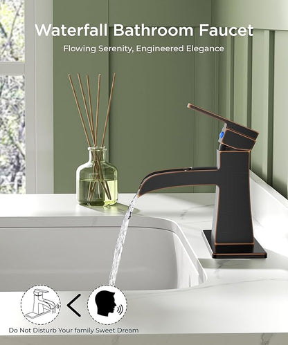 FORIOUS Waterfall Bathroom Sink Faucets 1 or 3 Holes Oil Rubbed Bronze, Single Handle Faucet for Bathroom Sink Vanity Restroom Farmhouse