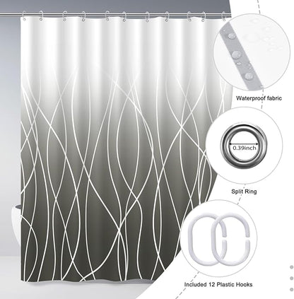 Striped Shower Curtain for Bathroom, Ombre Dark Grey, 72" W x 72" L | with Hooks, Modern Hotel Style, Water Repellent, Washable, Weighted Hem