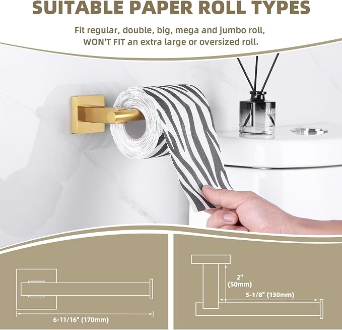 Suyar Brushed Gold Bathroom Accessories, Bathroom Hardware Set 4 Pieces | Include Robe Hook, Toilet Paper Holder, Hand Towel Holder, Towel Bar, SUS304 Stainless Steel, Wall Mounted