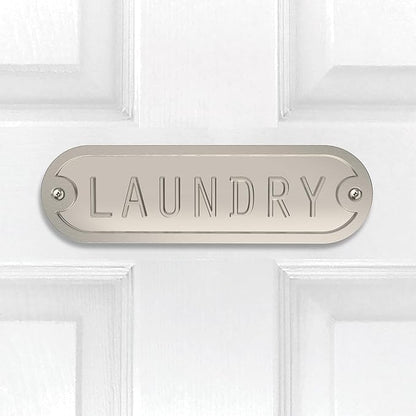 Franklin Brass Derby Laundry Door Sign Metal Interior Door Plaque in Satin Nickel HHIDPL-SN-U