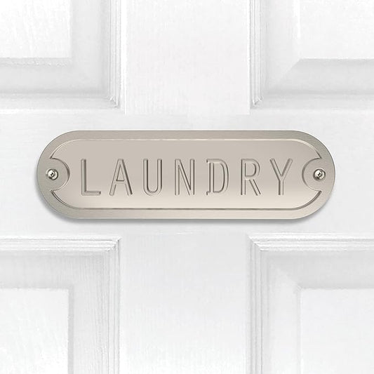 Franklin Brass Derby Laundry Door Sign Metal Interior Door Plaque in Satin Nickel HHIDPL-SN-U