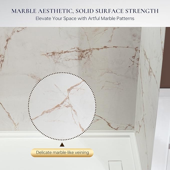 Woodbridge 60" W x 96" H 3-Piece Solid Surface Tile Tub and Shower Wall Panel Surround Kit in Beige Marble with Soft Brown Veining (High Gloss Finish), Quick Install and Trimmable, 3/16" (5mm) Thick