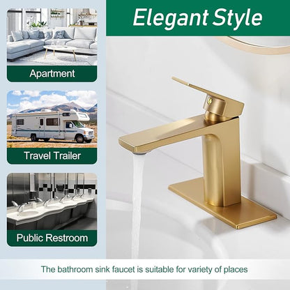 VOTON Brushed Gold Bathroom Sink Faucet Single Handle Bathroom Faucets for Sink 1 Hole Rv Lavatory Vanity Faucet with Deck Plate & Supply Hoses