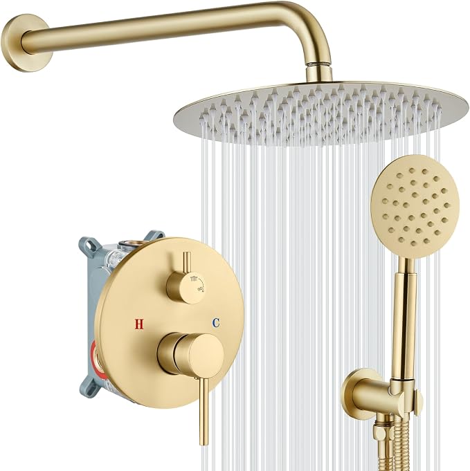 gotonovo High Pressure Shower System Valve and Trim Kit,Brushed Gold | Round Rain 10 Inch Shower Head with Handheld Faucet Set Complete,Rough In Valve,2-in-1 Diverter,All Metal,Bathroom Wall Mount