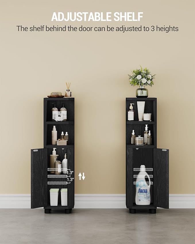 Corner Cabinet, Small Bathroom Corner Cabinet with Doors, Narrow Storage Cabinets with Adjustable Shelves, Bathroom Organizers and Storage for Small Space, Black BC21004X